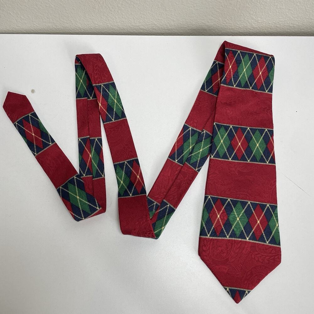 VTG Tommy Hilfiger Men Necktie 100% Italian Silk Tie 90s Red Green Geometric USA